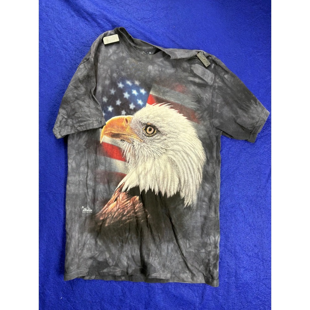 Americana Mens The Mountain Eagle Flag Graphic T-Shirt Medium Gray Tie Dye